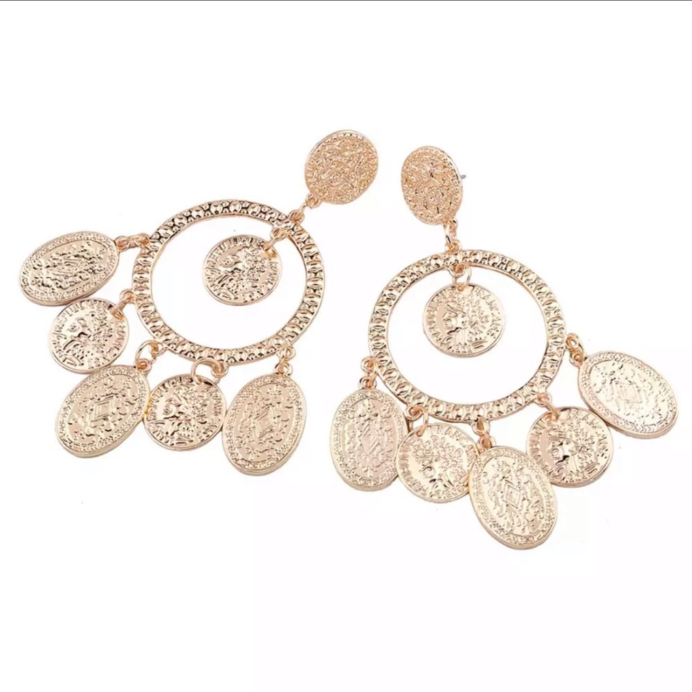 Golden coin hammered metal earrings boho tribal